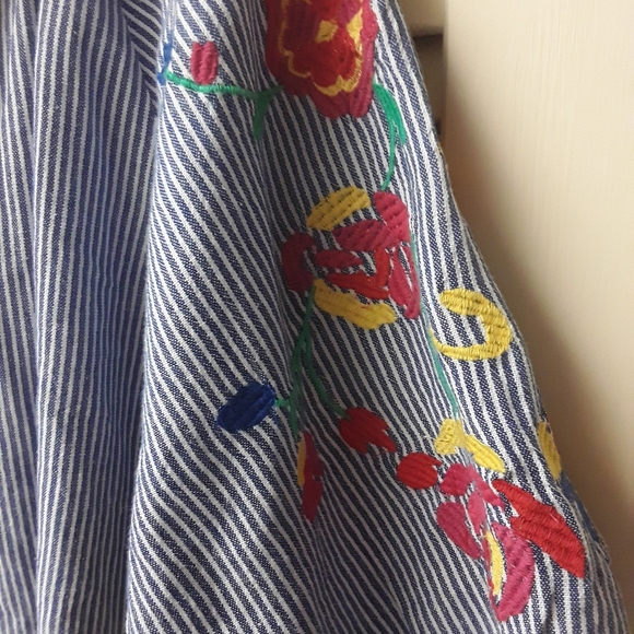 Blue White Striped Rainbow Boho Embroiderd Top M - Picture 3 of 7